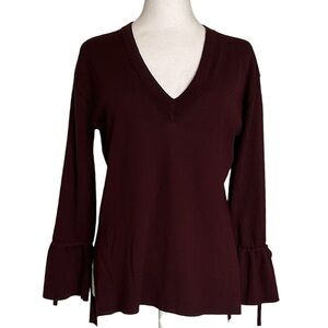 J. Crew Women’s Sz XS 100% Merino Wool Maroon Bell Cuff Hi-Low Pullover Sweater